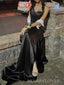 One Shoulder Black Satin Long Evening Prom Dresses, Side Slit Prom Dress, MR9274