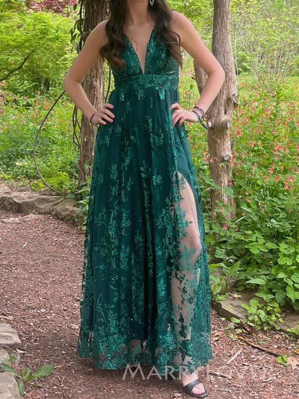 A-line Green Lace V-neck Long Evening Prom Dresses, Tulle Prom Dress, MR9278
