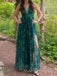 A-line Green Lace V-neck Long Evening Prom Dresses, Tulle Prom Dress, MR9278