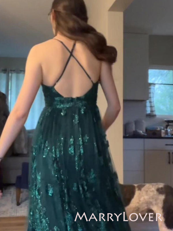 A-line Green Lace V-neck Long Evening Prom Dresses, Tulle Prom Dress, MR9278