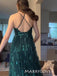 A-line Green Lace V-neck Long Evening Prom Dresses, Tulle Prom Dress, MR9278