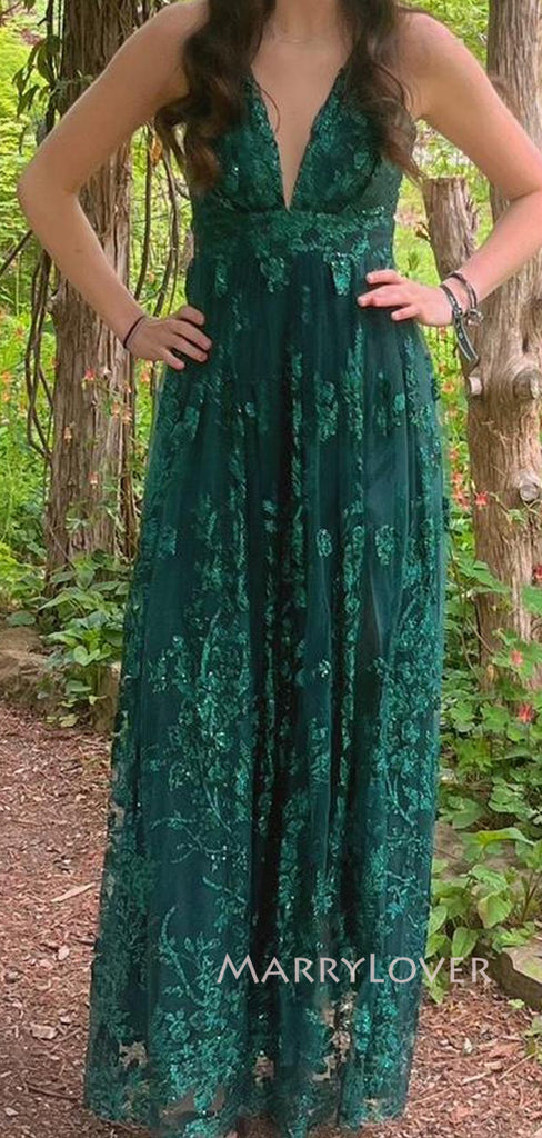 A-line Green Lace V-neck Long Evening Prom Dresses, Tulle Prom Dress, MR9278