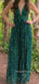 A-line Green Lace V-neck Long Evening Prom Dresses, Tulle Prom Dress, MR9278