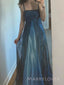 Spaghetti Straps A-line Blue Satin Tulle Long Evening Prom Dresses, MR9307