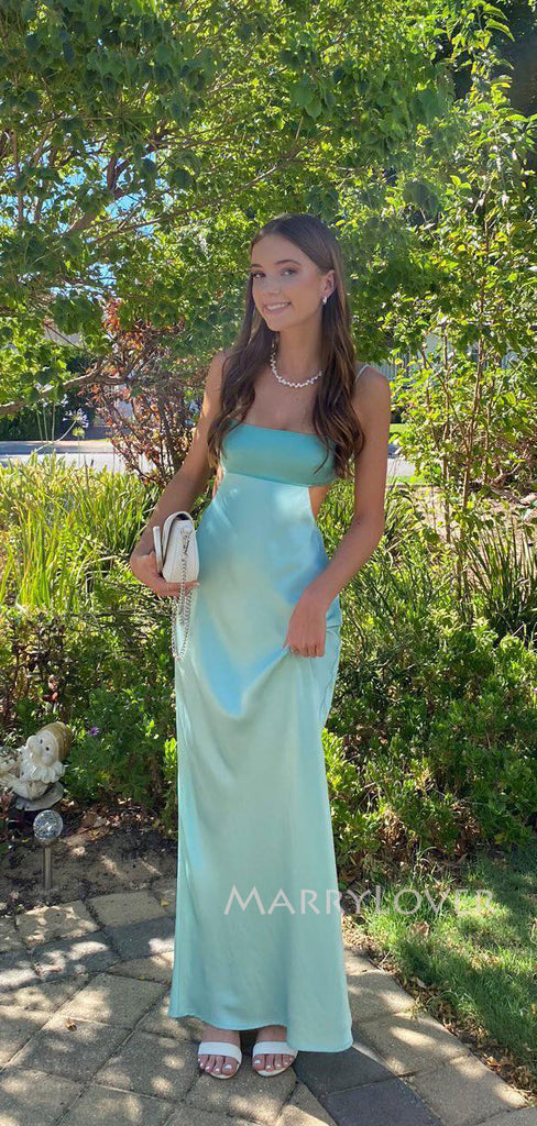 Sexy Backless Satin Spaghetti Straps Long Evening Prom Dresses, MR9308