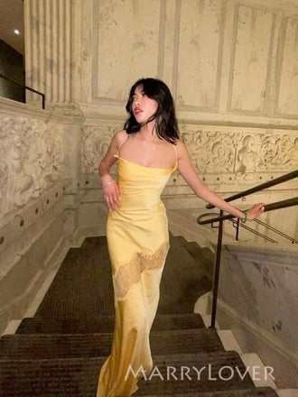 Simple Yellow Satin Lace Mermaid Long Evening Prom Dresses, Spaghetti Straps Prom Dress, MR9321