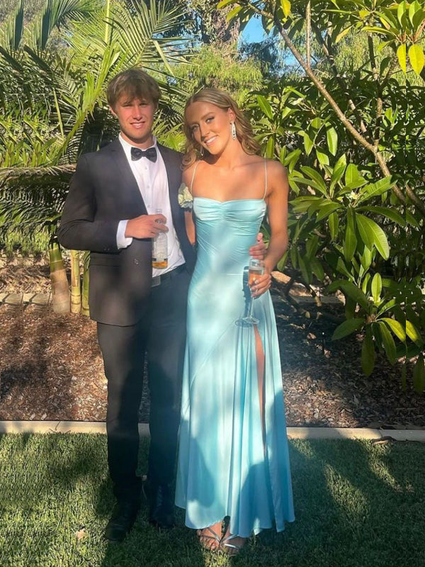 Sexy Blue Satin Mermaid Side Slit Long Evening Prom Dresses, MR9327
