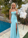 Sexy Blue Satin Mermaid Side Slit Long Evening Prom Dresses, MR9327