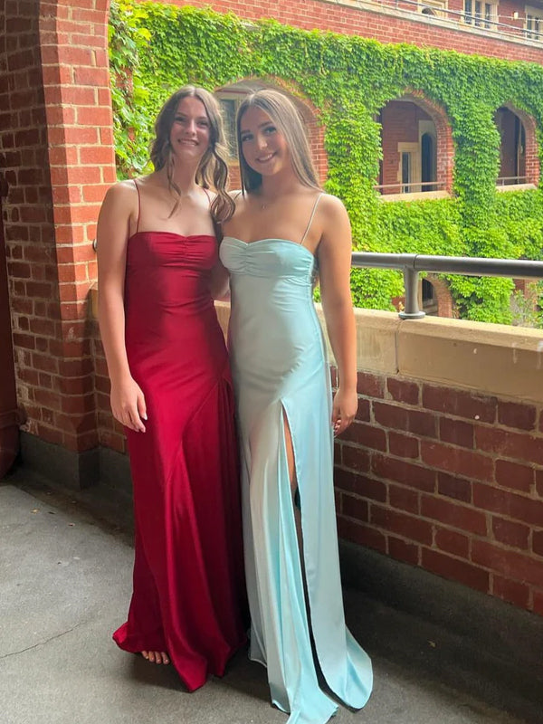 Sexy Blue Satin Mermaid Side Slit Long Evening Prom Dresses, MR9327