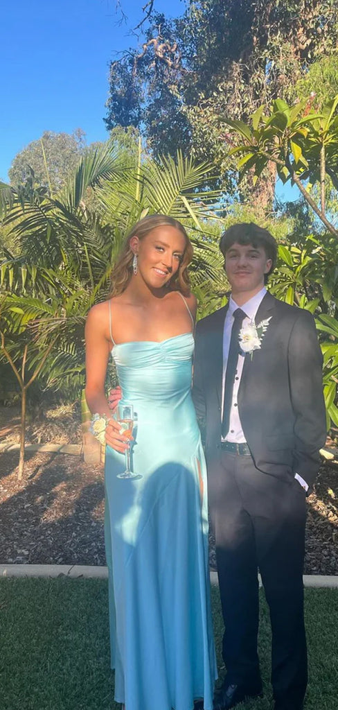 Sexy Blue Satin Mermaid Side Slit Long Evening Prom Dresses, MR9327