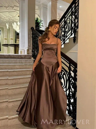 Spaghetti Straps Brown Satin Long Evening Prom Dresses, A-line Prom Dress, MR9343