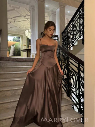Spaghetti Straps Brown Satin Long Evening Prom Dresses, A-line Prom Dress, MR9343