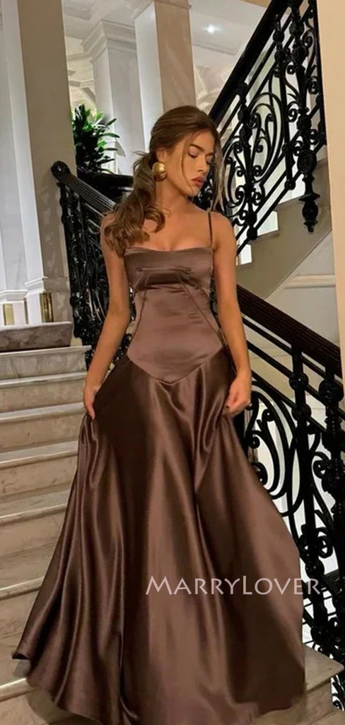 Spaghetti Straps Brown Satin Long Evening Prom Dresses, A-line Prom Dress, MR9343