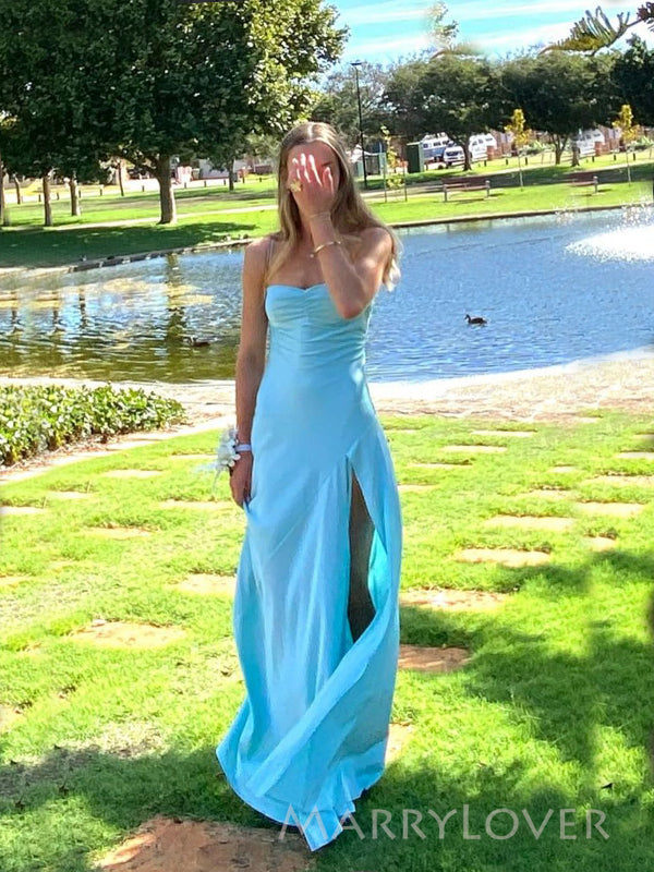 Blue Satin Mermaid Spaghetti Straps Long Evening Prom Dresses, High Slit Prom Dress, MR9344