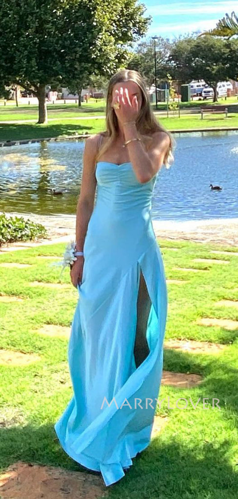 Blue Satin Mermaid Spaghetti Straps Long Evening Prom Dresses, High Slit Prom Dress, MR9344