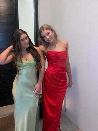 Strapless Red Satin Mermaid Long Evening Prom Dresses, MR9345