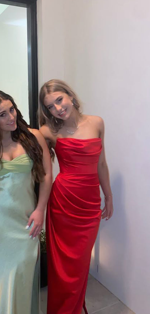 Strapless Red Satin Mermaid Long Evening Prom Dresses, MR9345