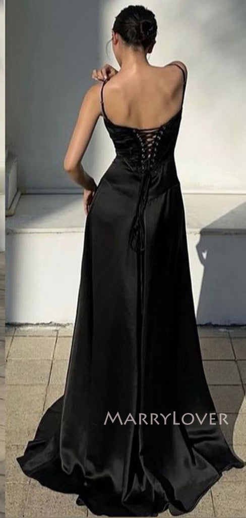 Elegant Black Satin A-line Long Evening Prom Dresses, MR9347