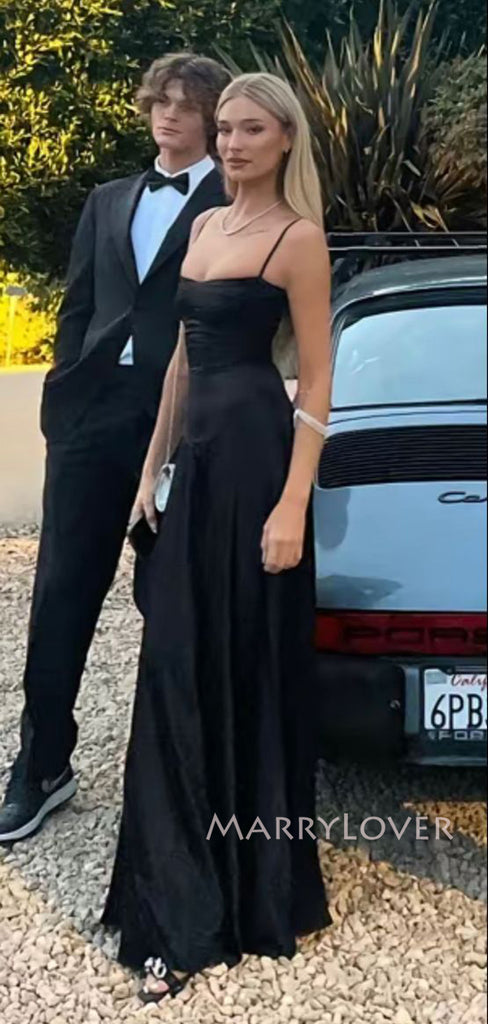 Elegant Black Satin A-line Long Evening Prom Dresses, MR9347