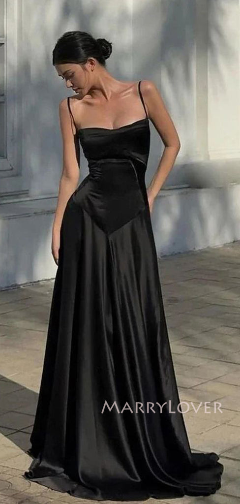 Elegant Black Satin A-line Long Evening Prom Dresses, MR9347