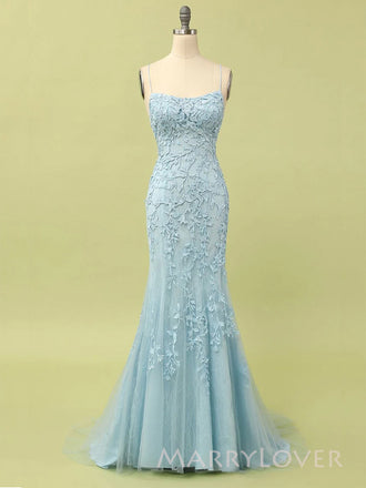 Spaghetti Straps Blue Tulle Appliques Long Evening Prom Dresses, Mermaid Prom Dress, MR9353