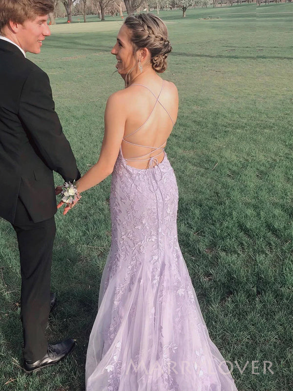 Spaghetti Straps Blue Tulle Appliques Long Evening Prom Dresses, Mermaid Prom Dress, MR9353