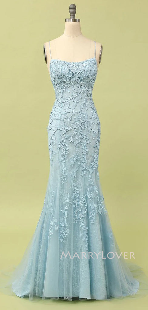 Spaghetti Straps Blue Tulle Appliques Long Evening Prom Dresses, Mermaid Prom Dress, MR9353
