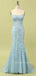 Spaghetti Straps Blue Tulle Appliques Long Evening Prom Dresses, Mermaid Prom Dress, MR9353