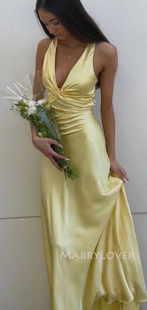 Yellow Satin Mermaid Long Evening Prom Dresses, Deep V-neck Prom Dress, MR9354
