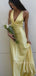 Yellow Satin Mermaid Long Evening Prom Dresses, Deep V-neck Prom Dress, MR9354