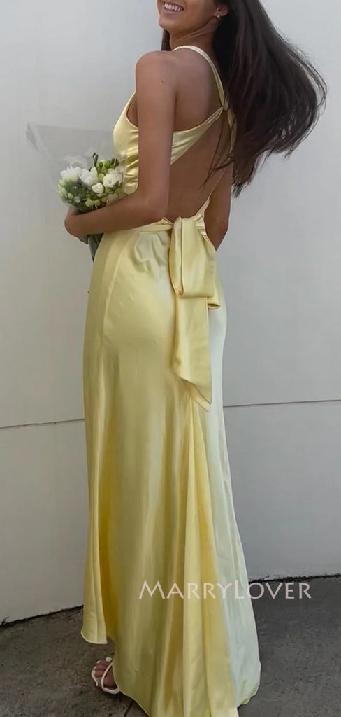 Yellow Satin Mermaid Long Evening Prom Dresses, Deep V-neck Prom Dress, MR9354