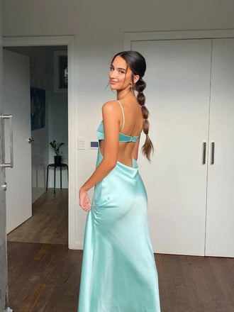 Sexy Backless Satin Mermaid Long Evening Prom Dresses, Spaghetti Straps Prom Dress, MR9355