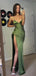 Sheath Spaghetti Straps Mermaid Elastic Satin Long Evening Prom Dresses, Side Slit Prom Dress, MR9357