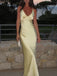Deep V-neck Yellow Satin Mermaid Long Evening Prom Dresses, Spaghetti Straps Prom Dress, MR9360