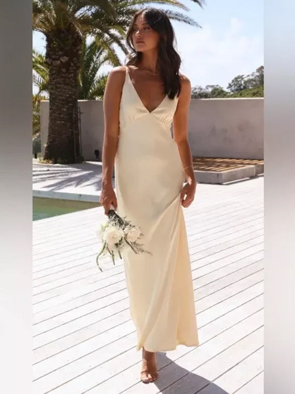 Deep V-neck Yellow Satin Mermaid Long Evening Prom Dresses, Spaghetti Straps Prom Dress, MR9360