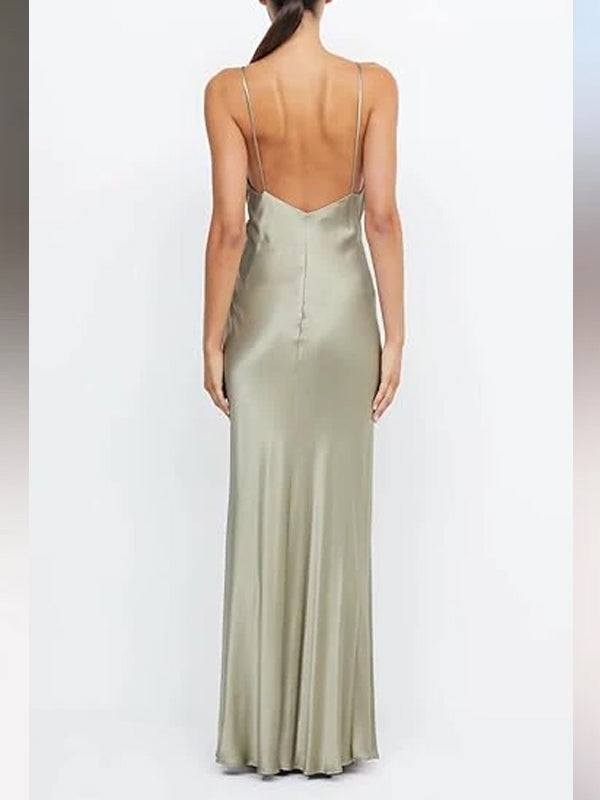 Deep V-neck Yellow Satin Mermaid Long Evening Prom Dresses, Spaghetti Straps Prom Dress, MR9360