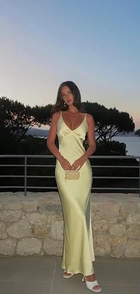 Deep V-neck Yellow Satin Mermaid Long Evening Prom Dresses, Spaghetti Straps Prom Dress, MR9360