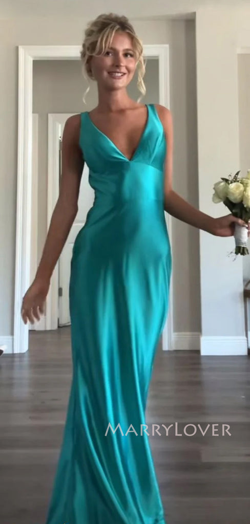 Simple Blue Satin Mermaid Long Evening Prom Dresses, V-neck Prom Dress, MR9361