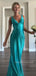 Simple Blue Satin Mermaid Long Evening Prom Dresses, V-neck Prom Dress, MR9361
