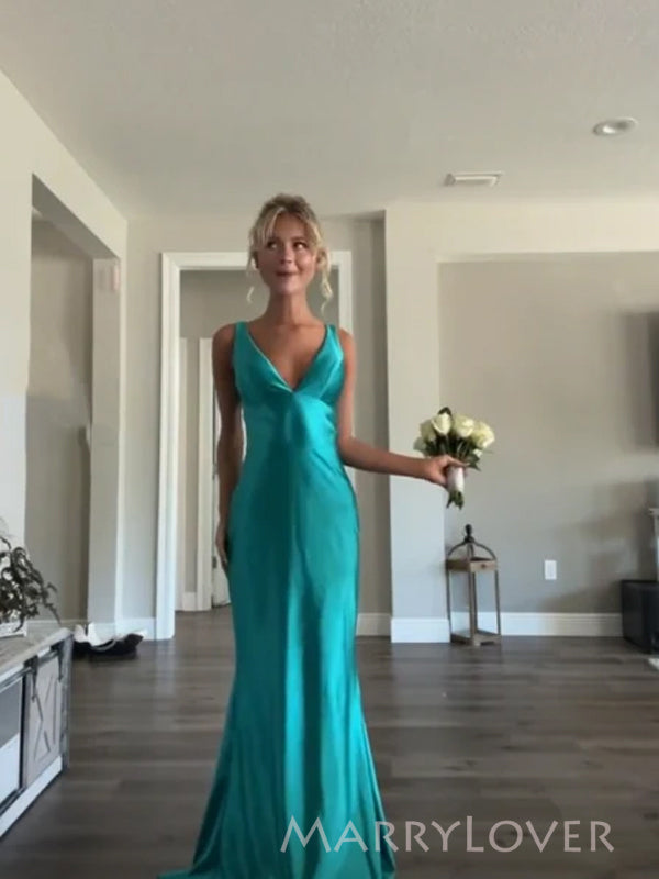 Simple Blue Satin Mermaid Long Evening Prom Dresses, V-neck Prom Dress, MR9361