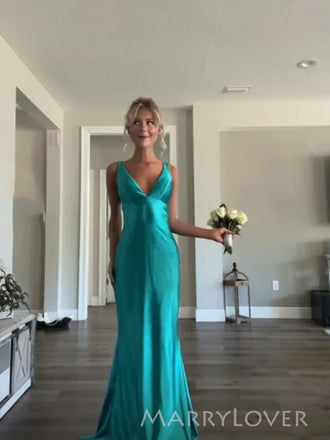 Simple Blue Satin Mermaid Long Evening Prom Dresses, V-neck Prom Dress, MR9361