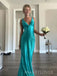 Simple Blue Satin Mermaid Long Evening Prom Dresses, V-neck Prom Dress, MR9361