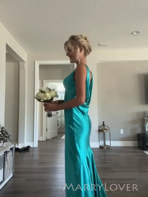 Simple Blue Satin Mermaid Long Evening Prom Dresses, V-neck Prom Dress, MR9361