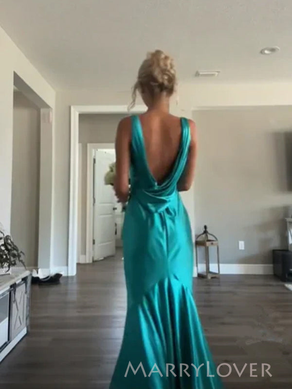 Simple Blue Satin Mermaid Long Evening Prom Dresses, V-neck Prom Dress, MR9361