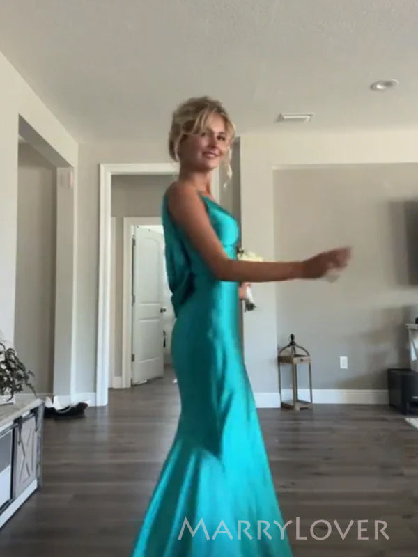 Simple Blue Satin Mermaid Long Evening Prom Dresses, V-neck Prom Dress, MR9361