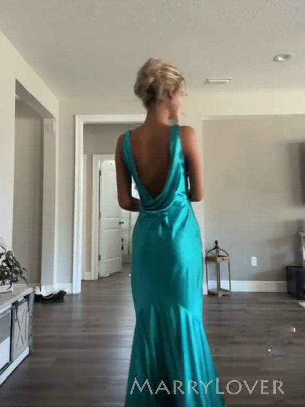 Simple Blue Satin Mermaid Long Evening Prom Dresses, V-neck Prom Dress, MR9361