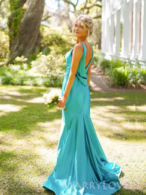 Simple Blue Satin Mermaid Long Evening Prom Dresses, V-neck Prom Dress, MR9361