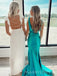 Simple Blue Satin Mermaid Long Evening Prom Dresses, V-neck Prom Dress, MR9361