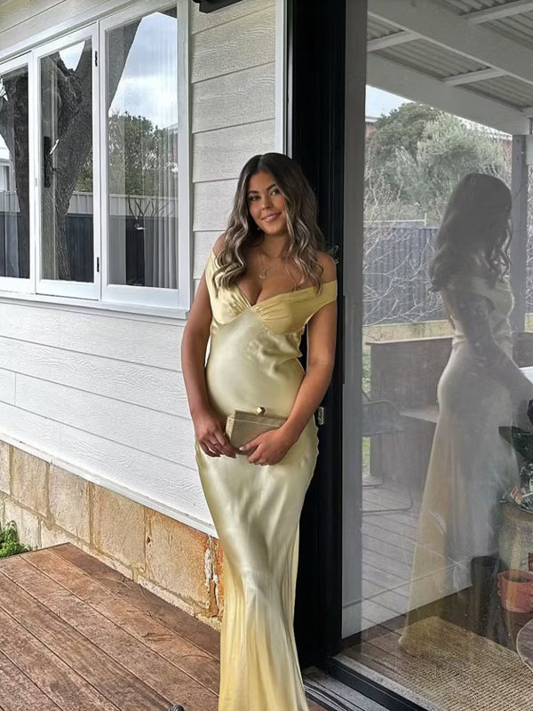 Popular Yellow Satin Mermaid Long Evening Prom Dresses, Backless Prom Dress, MR9364