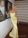 Lovely Backless Yellow Satin V-neck Long Evening Prom Dresses, Mermaid Prom Dress, MR9368